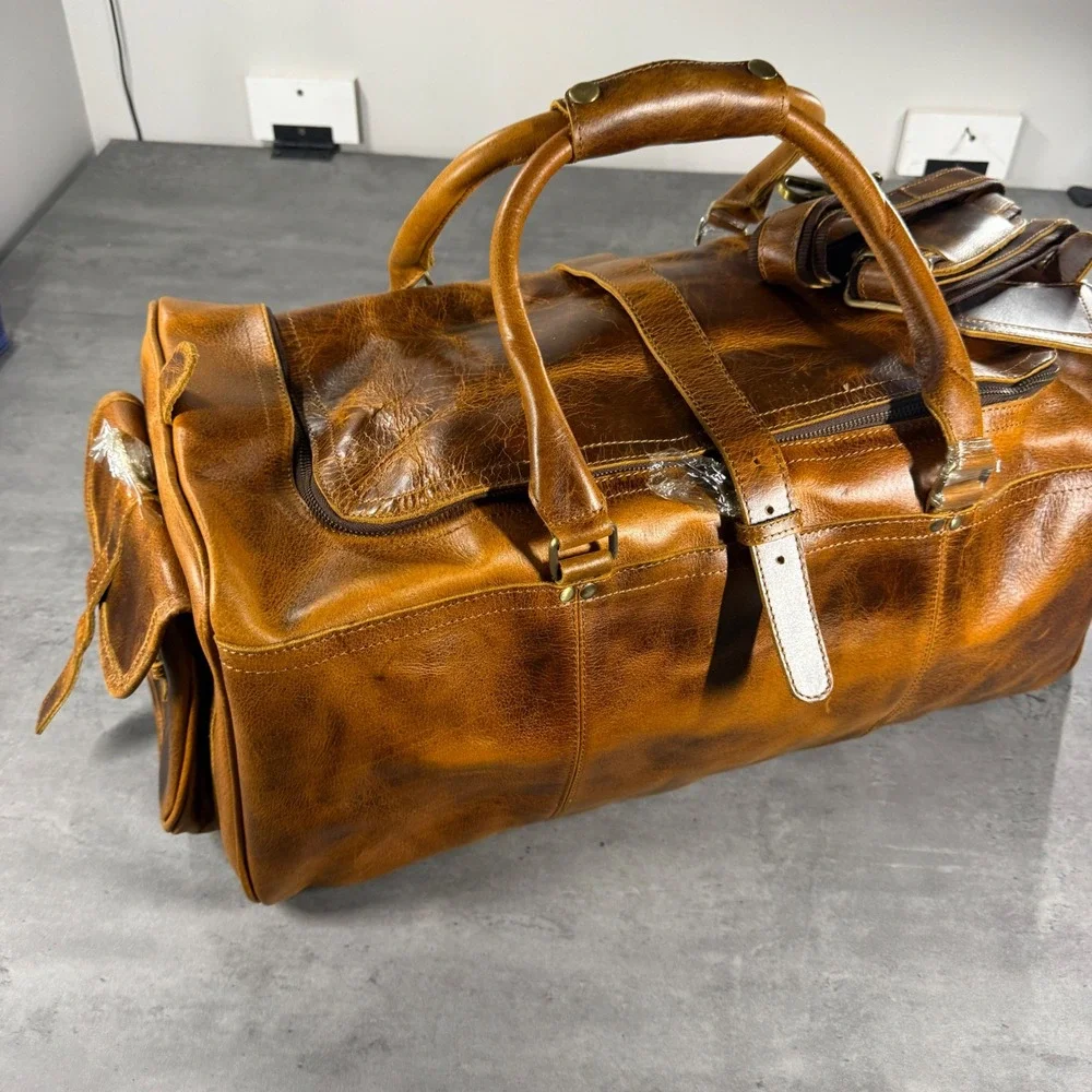 Denver Leather Craft Duffle Bag Large Brown Distressed Travel Weekend Luggage